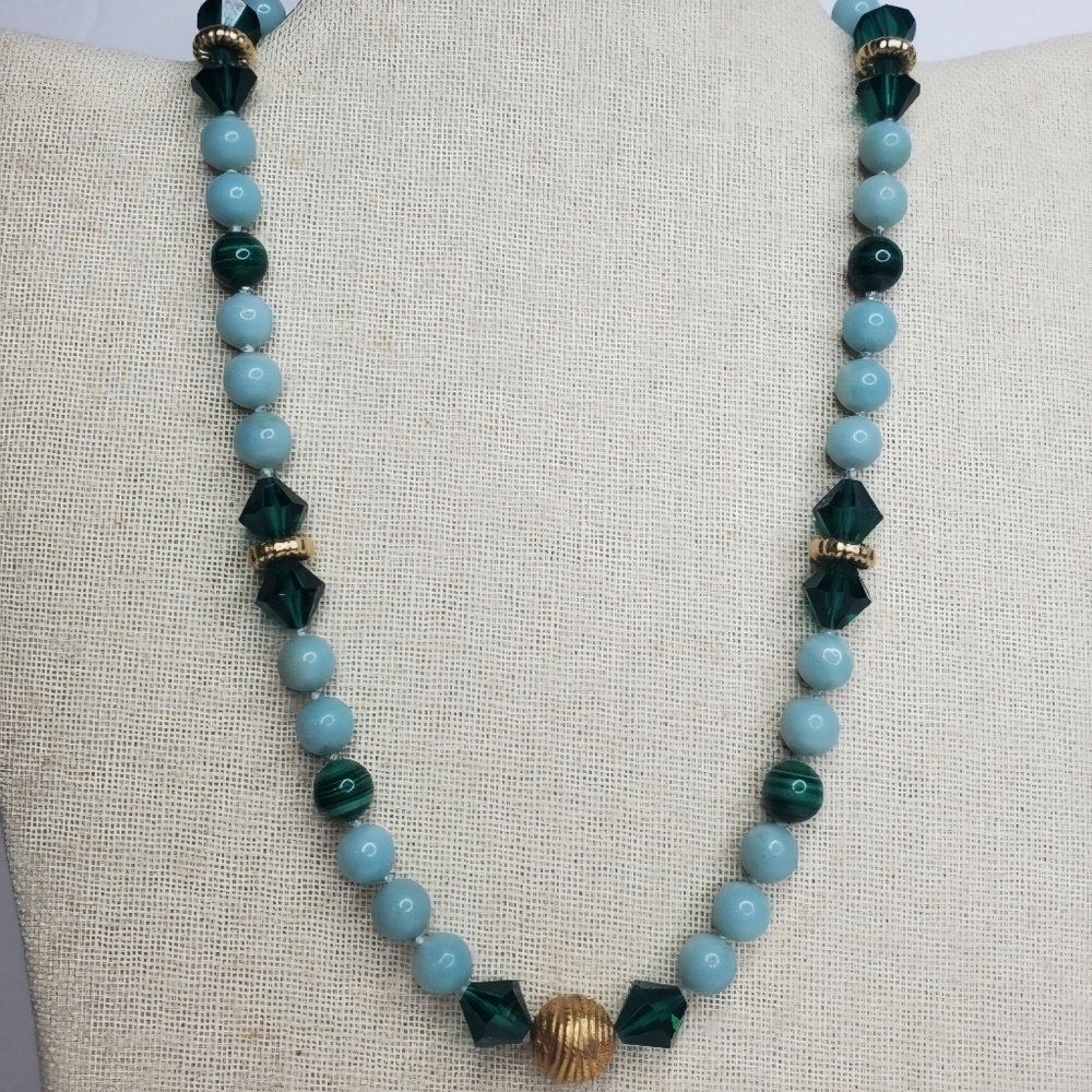 Vintage Nephrite Jade Malachite Gold Filled Beaded Necklace